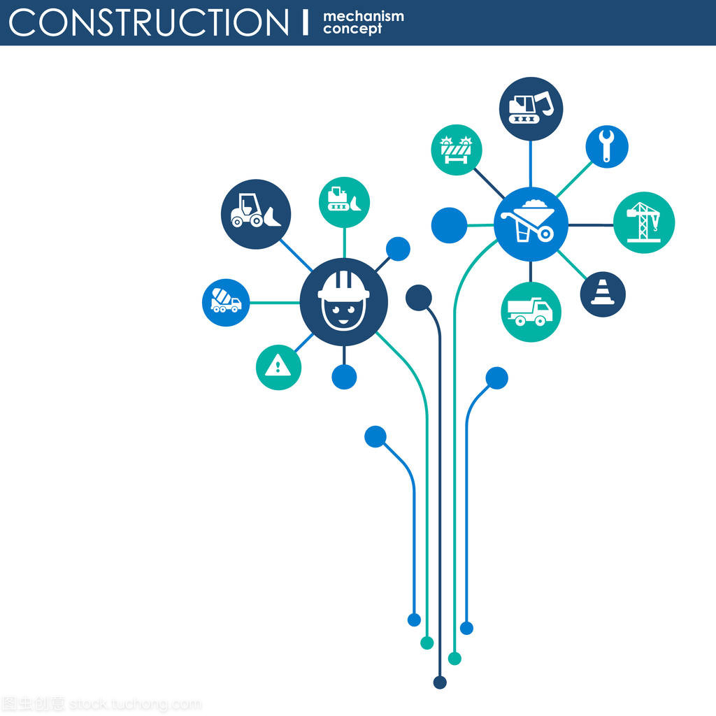 建設網絡。六角形抽象背景與線條、 多邊形和綜合平面圖標。連接符號生成、 工業、 建筑設計、 工程的概念。矢量